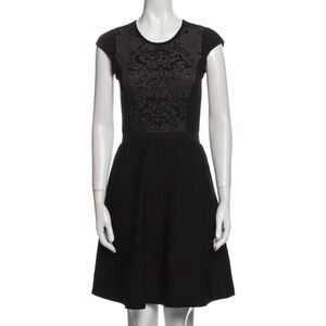Rebecca Taylor Intarsia Knit Dress Fit & Flare Crew‎ Neck Cap Sleeve Black Small